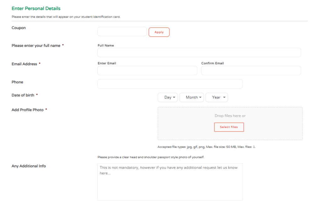 ENTER PERSONAL DETAILS FOR STUDENT ID